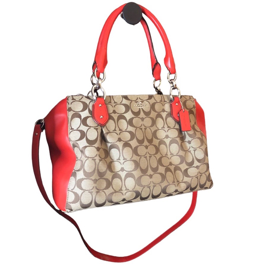 Coach 12cm Signature Colette Carryall In Khaki/Cardinal
